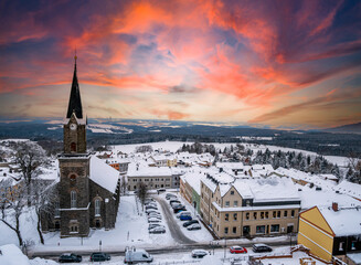 View over the wintry Schoeneck in Vogtland.