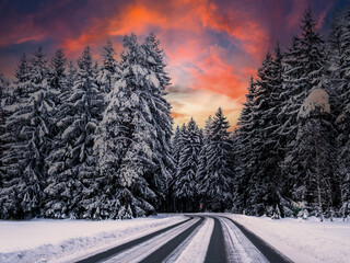 snow covered road in a winter landscape.