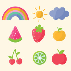 Cute hand drawn fruits and nature element for summer