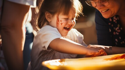 A young child with Down syndrome gifting their mother a colorful finger painting, both surrounded by gentle sunlight