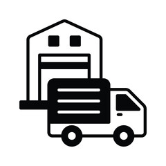 Delivery van front of warehouse showing concept icon of logistics delivery, order fulfillment vector design