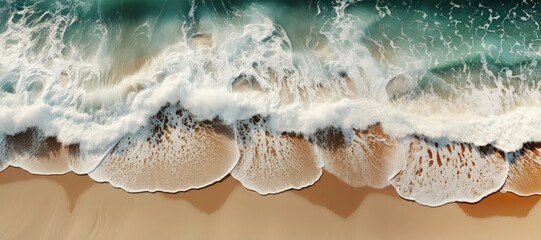 An abstract background image for creative content in a wide format, showcasing an overhead shot of a sandy beach with breaking ocean waves. Photorealistic illustration