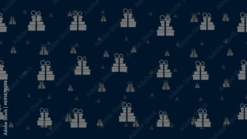 Poster Set of giftss float horizontally from left to right. Parallax fly effect. Floating symbols are located randomly. Seamless looped 4k animation on dark blue background
