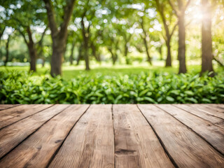 Wooden floor and green nature bokeh background, stock photo