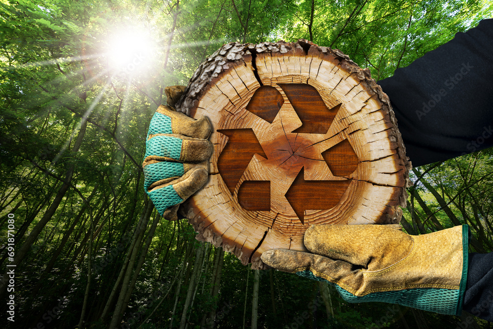Poster sustainable resources and zero waste concept. gloved hands holding a cross section of a tree trunk w