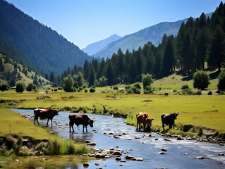 Cattle Forests Mountains Grasslands, a group of cows crossing a river.