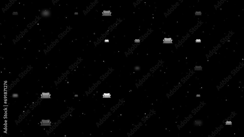 Poster template animation of evenly spaced sofa symbols of different sizes and opacity. animation of transp