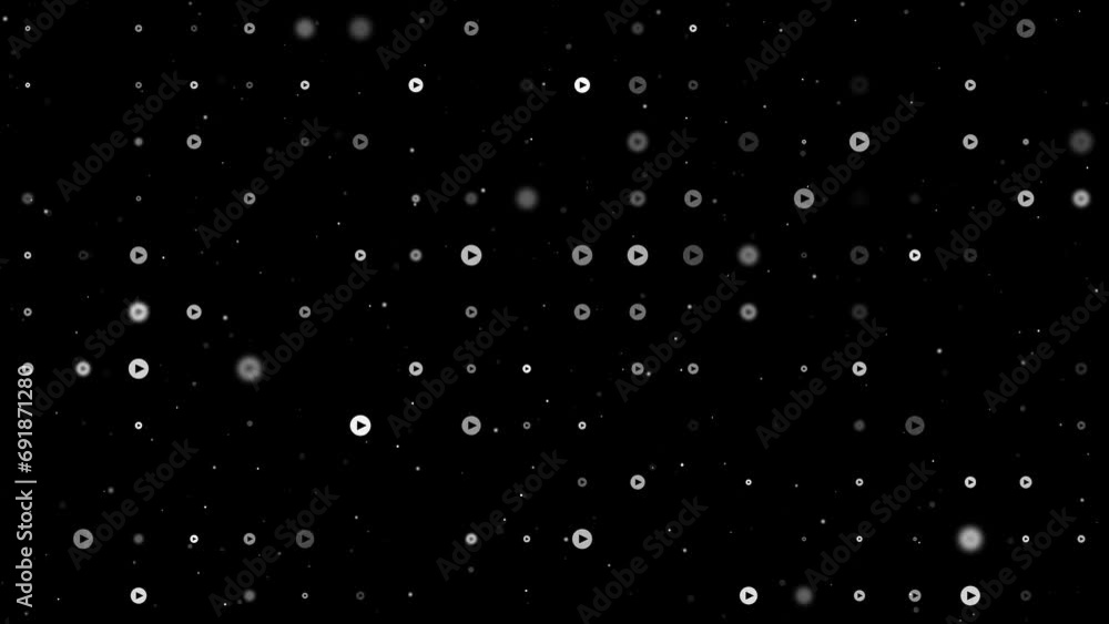 Poster template animation of evenly spaced play symbols of different sizes and opacity. animation of transp