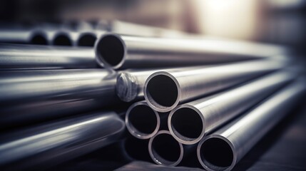 gray industrial steel pipe stack with blurred background