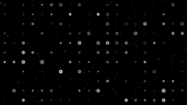 Template animation of evenly spaced play symbols of different sizes and opacity. Animation of transparency and size. Seamless looped 4k animation on black background with stars