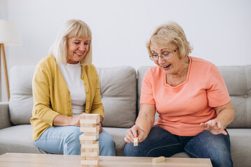 Two senior women female woman friends or family sisters play leisure board game at home