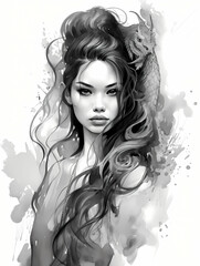 Chic Drawing Portrait Of A Beautiful Sumi-E, a woman with long hair and a dragon on her head.