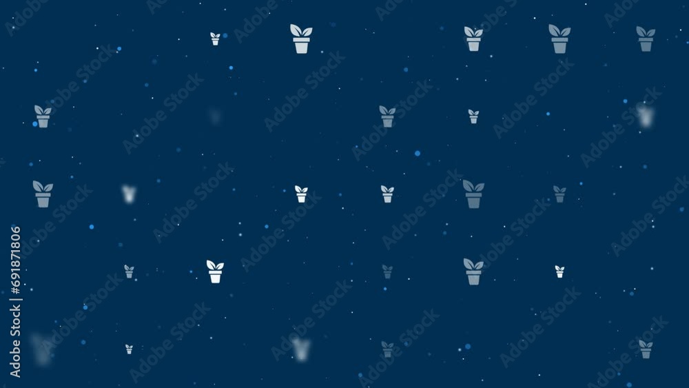 Poster template animation of evenly spaced plant in pot symbols of different sizes and opacity. animation o