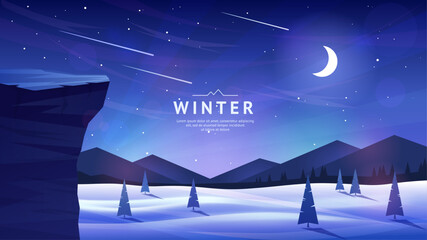Winter landscape. Fir trees in snowdrifts. Night sky, stars and moon. A cliff in the foreground. Silhouettes of mountain ranges. Design for background, cover, banner, postcard. Vector image. - obrazy, fototapety, plakaty
