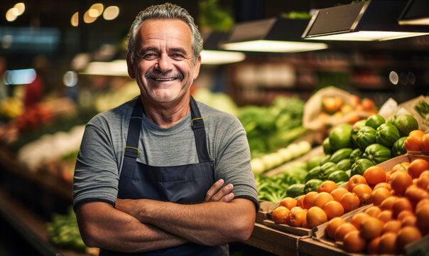 Friendly Mature Male Grocer with a Warm Smile Standing Confidently in His Store Full of Fresh Produce