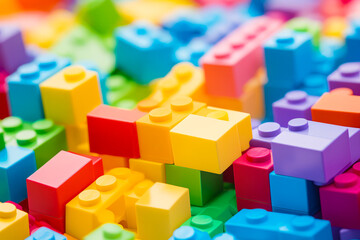 Close up of colorful children's toy constructor, colorful background block pattern with many colors.