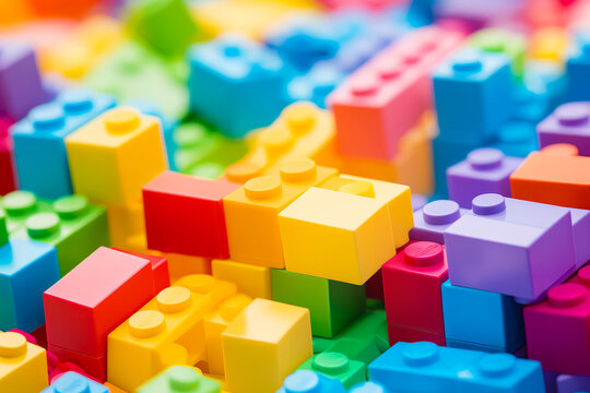 Close up of colorful lego block pattern with many colors.
