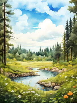 Watercolor Painting Landscape Panorama Of Pine Mountain, a river running through a forest.
