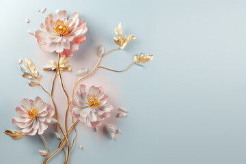 Fototapeta premium Dahlia branches on elegant pastel background. Wedding invitations, greeting cards, wallpaper, background, printing, poster, social ads, banner