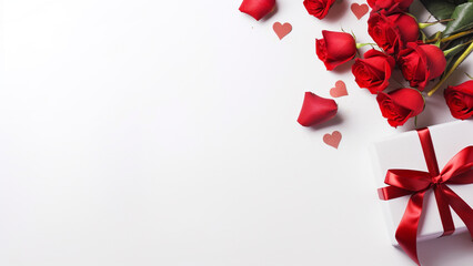 red roses and a white gift, copy space