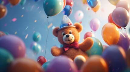 A 3D teddy bear dressed in a party hat, surrounded by floating balloons.