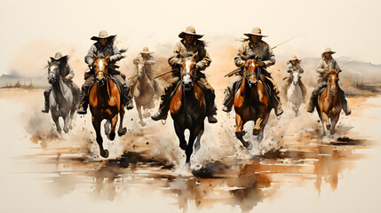 illustration of Cowboys on horseback - obrazy, fototapety, plakaty