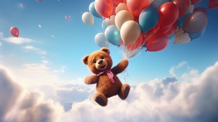 A 3D teddy bear in mid-air, carried away by a handful of balloons. - obrazy, fototapety, plakaty