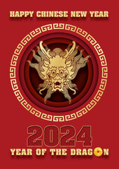 Chinese New Year greeting card ( Year of the dragon 2024) in layers paper cut style and vector design.