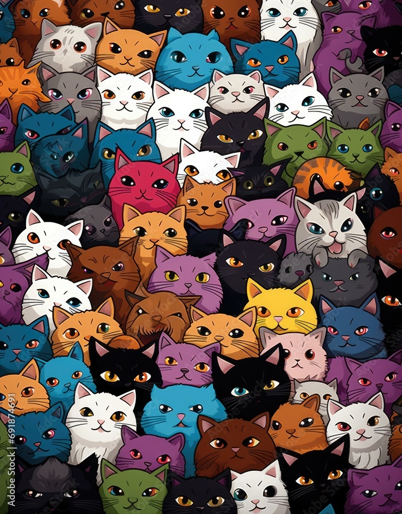 Poster a vibrant collection of cats in various colors, creating a delightful scene. generative ai.