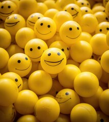 Many yellow balls with smiley faces. Generative AI.