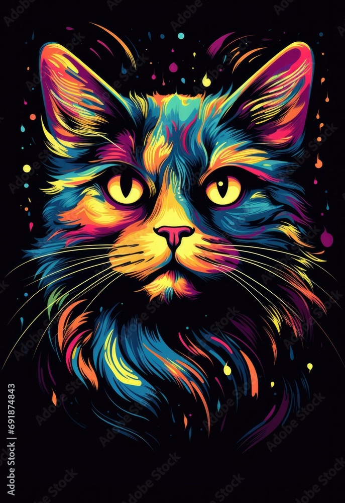 Poster a vibrant cat universe with animated illustrations bursting with color, set against a black backgrou