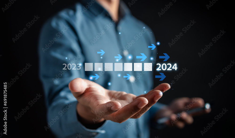 Poster Loading progress from 2023 to 2024 to countdown merry christmas and happy new year, Planning and challenge strategy in new year 2024 Concept.