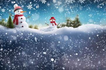 Snowman on the snow and falling snow and have copy space.
