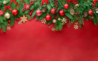 Branches of the Christmas tree and decorative accessories on red background.