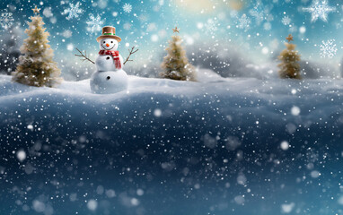 Snowman on the snow and falling snow and have copy space.