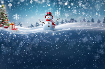 Snowman on the snow and falling snow and have copy space.