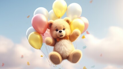 A fluffy 3D teddy bear with balloons in the shape of animals.