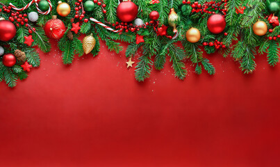Branches of the Christmas tree and decorative accessories on red background.