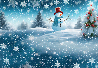 Snowman on the snow and falling snow and have copy space.