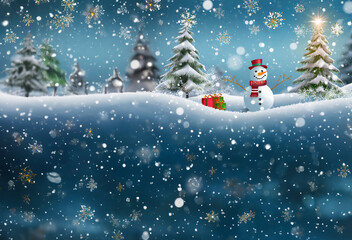 Snowman on the snow and falling snow and have copy space.