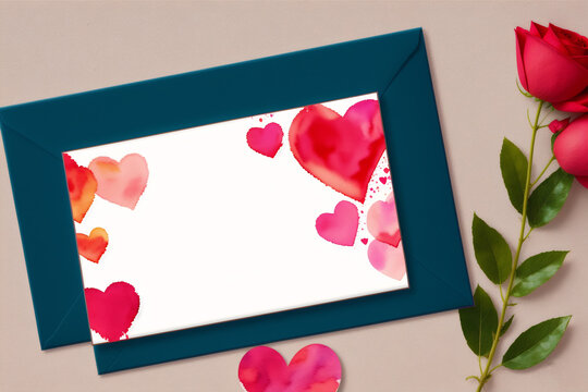 Valentine's day postcard. Watercolor hearts on the watercolor background. Valentine's day. Watercolor paint. Digital art, Generative AI