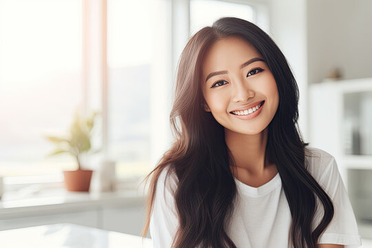Portrait of smiling asian woman at home