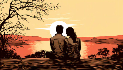 Couple Watching Sunset At The Top Of A Hill, a man and woman sitting on a ledge looking at the sun.