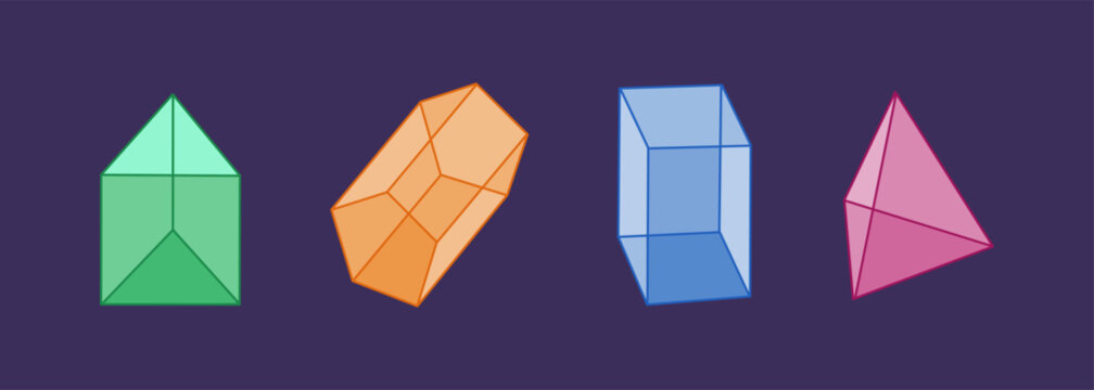 Set of basic geometric shapes. Tetrahedron, prism, parallelepiped. Isometric view. Hand drawn vector illustration isolated on purple background. Modern flat cartoon style.