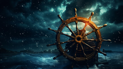 Ship wheel against the storm at night - obrazy, fototapety, plakaty