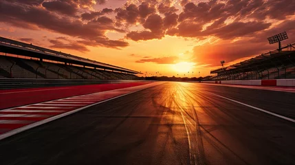 Rolgordijnen Asphalt road with drawn lines, empty racing track on sunset. Motorway for competition. Tire tracks. Concept of motor sport, racing, competition, speed, win, success, power © master1305