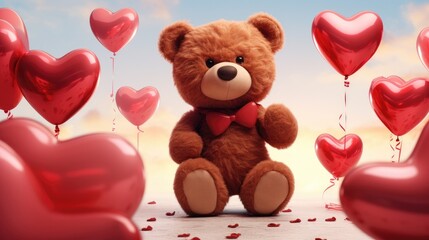 An endearing 3D teddy bear with an armful of heart-shaped balloons.