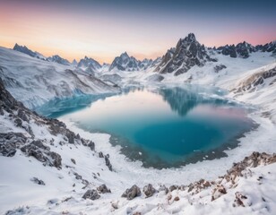 Beautiful alpine lake in snowy mountains. Beauty world.