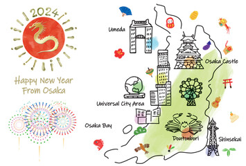 Obraz premium 大阪の観光地のイラストマップ年賀状2024年