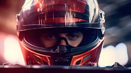 Foto op Canvas Close-up of man in helmet, concentrated and motivated racer over blurred background. Winner, champion. Concept of motor sport, racing, competition, speed, win, success, power © master1305
